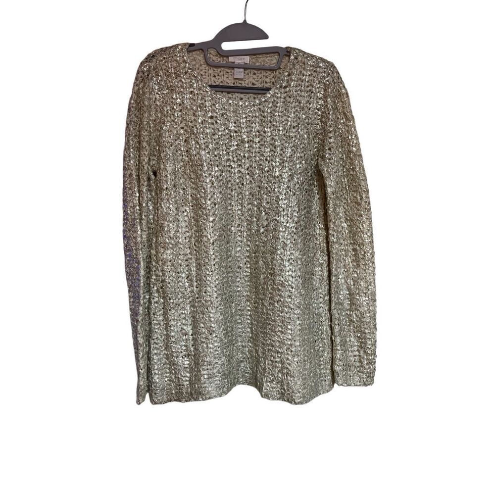 Chicos Top Womens Size 0 Small Metallic Shimmer‎ Cream Textured Sweater Festive